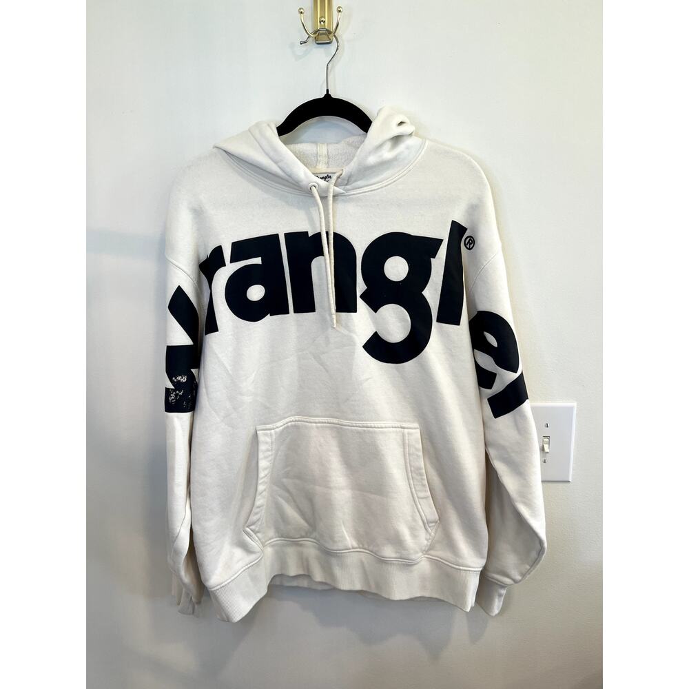 Wrangler Retro Oversized Logo Hoodie Cream Fleece Lined Pullover Size Medium